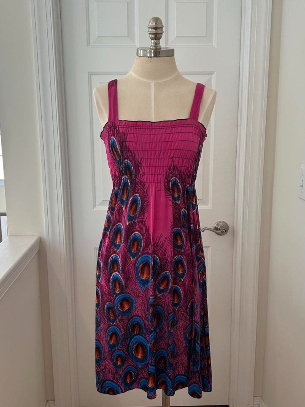 QB Fashion hot pink beach dress with peacock design